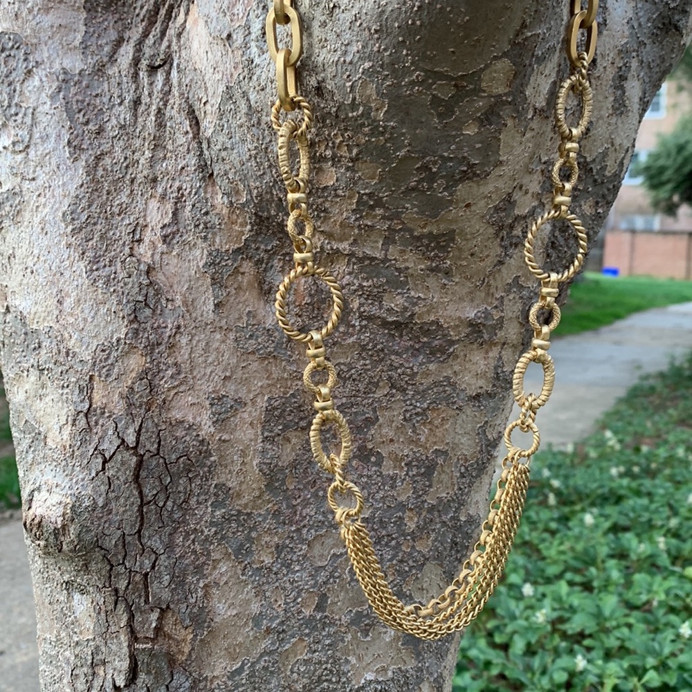 Rosa Flores antique gold toned necklace w/ multi chain links, loops, strands 2nd